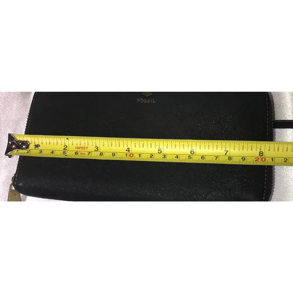 Fossil Wallet Cowhide Leather Zip Around Black 12 Credit Card Slots 7.5